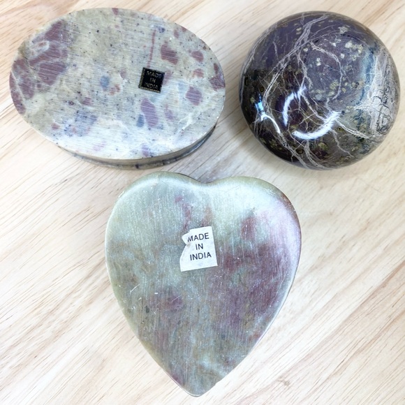 Vintage Stone Trinket Box Collection Mother Of Pearl Set 3 Soapstone Jewelry - Picture 4 of 6